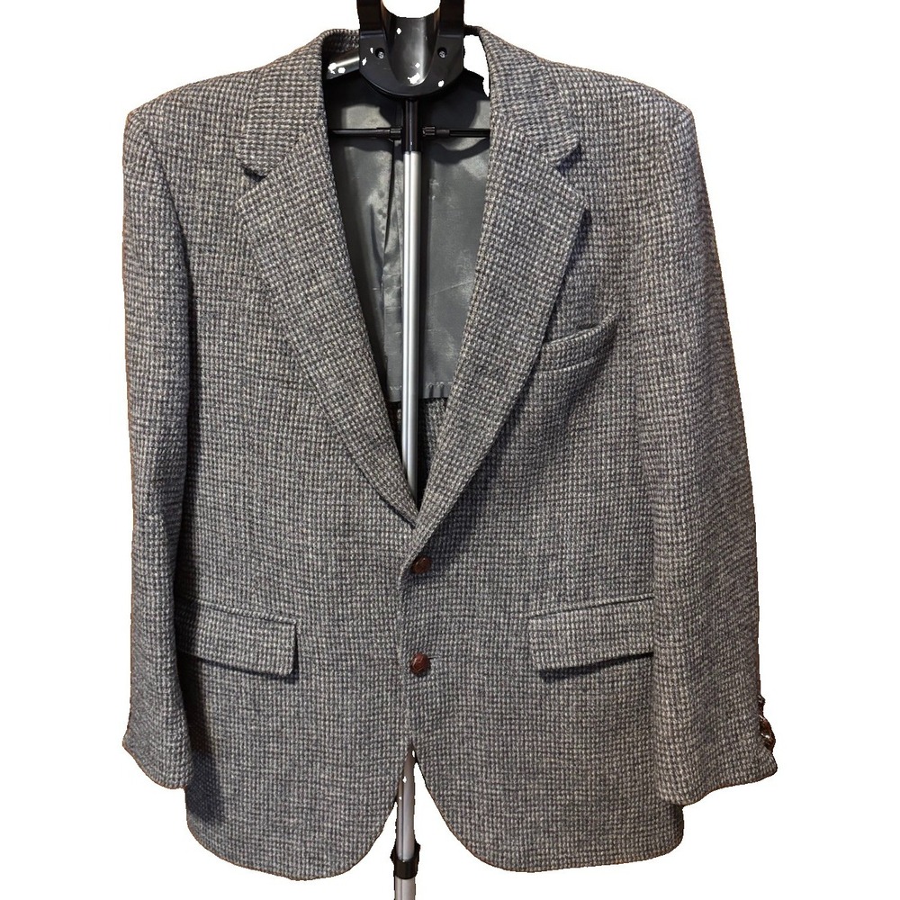VTG Harris Tweed Mens 42R Tweed Blue Gray Checked Wool Blazer Liner Flaws
